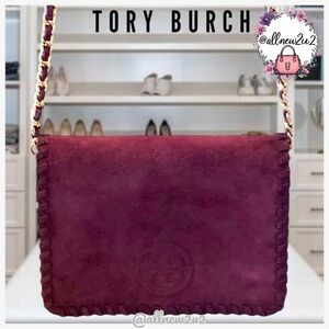 Tory Burch Marion Suede Burgundy Crossbody Stitched Flap Host Pick!